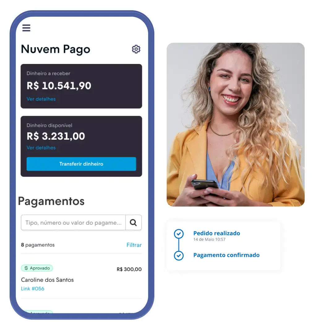 Print mostrando a aba de pagamentos do Nuvem Pago, uma das principais funcionalidades da Nuvemshop para receber pagamentos. Ao lado, uma mulher sorrindo enquanto checa no telefone os pagamentos recebidos em sua loja.