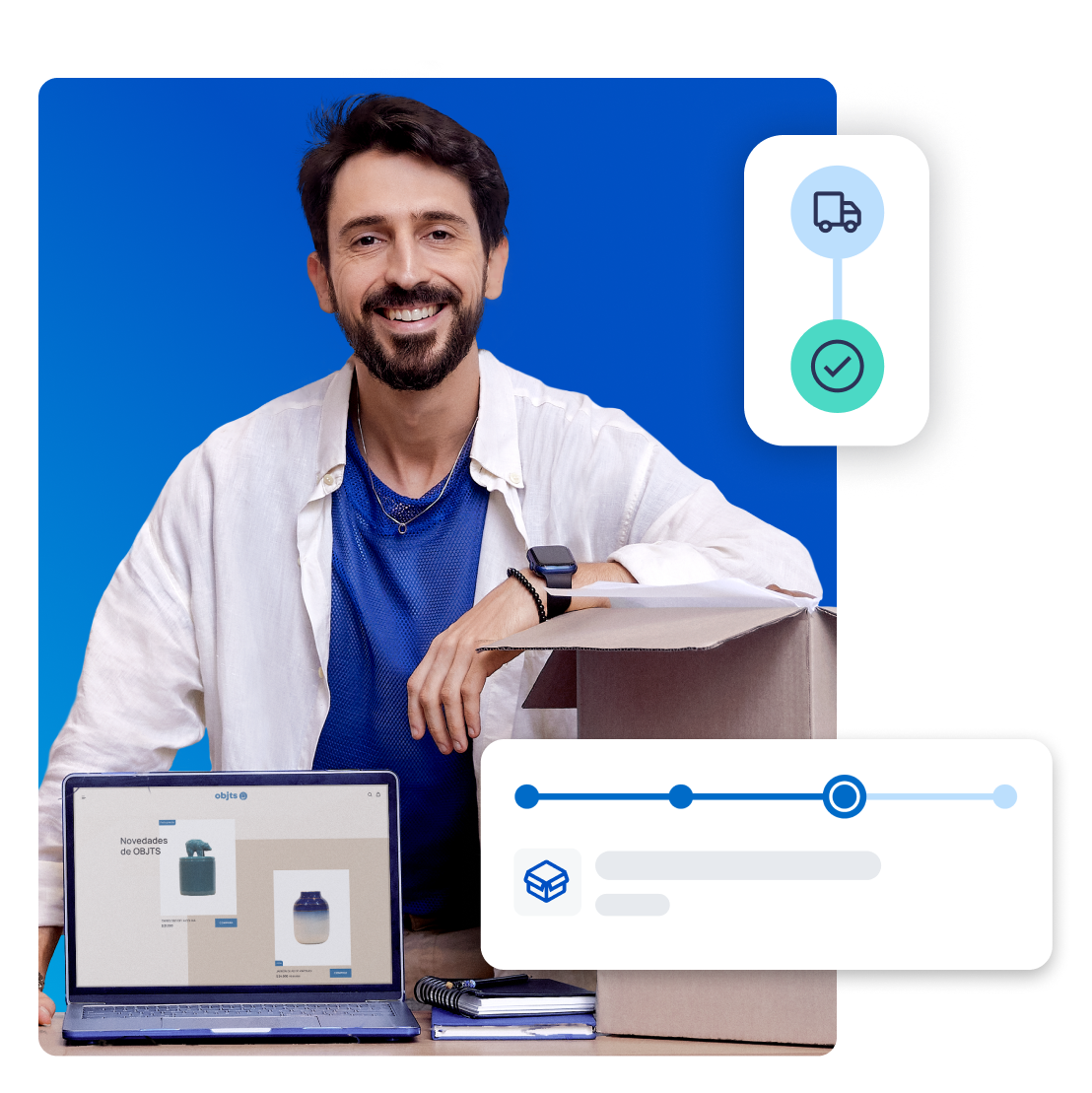 Colagem de imagens, ao centro imagem de homem branco de cabelo preto e em volta imagem de loja virtual