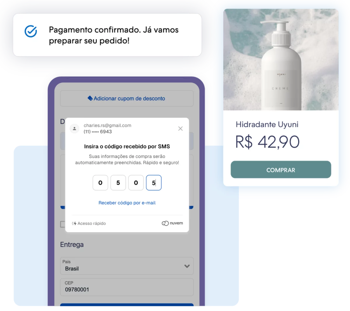 Imagem de confirmação de pagamento por Nuvem Pay, solução de pagamento da Nuvemshop, ao lado de tela ilustrativa de venda de cosmético em loja virtual