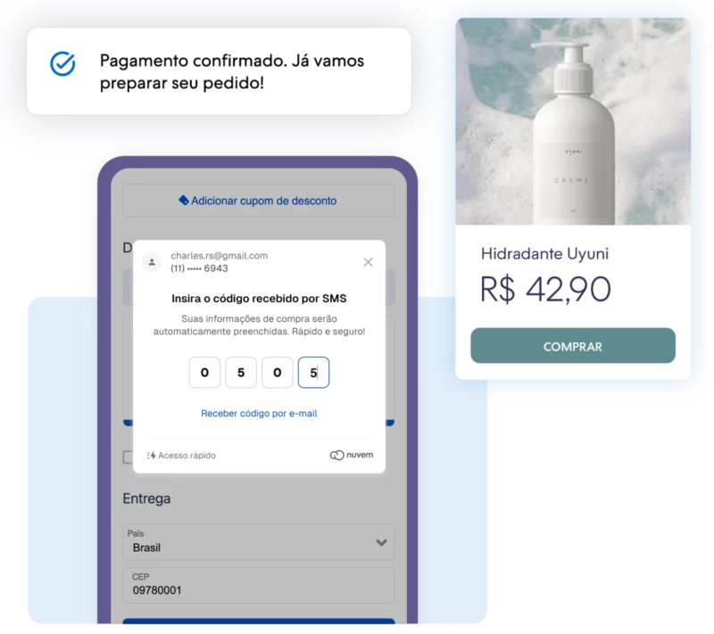 Imagem de confirmação de pagamento por Nuvem Pay, solução de pagamento da Nuvemshop, ao lado de tela ilustrativa de venda de cosmético em loja virtual