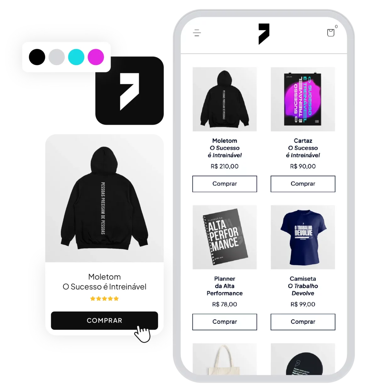 Tela de loja virtual com alguns produtos e destaque para um Moletom preto