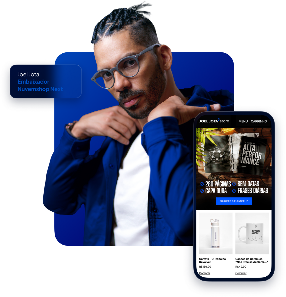 Joel Jota acompanhado de sua loja Nuvemshop