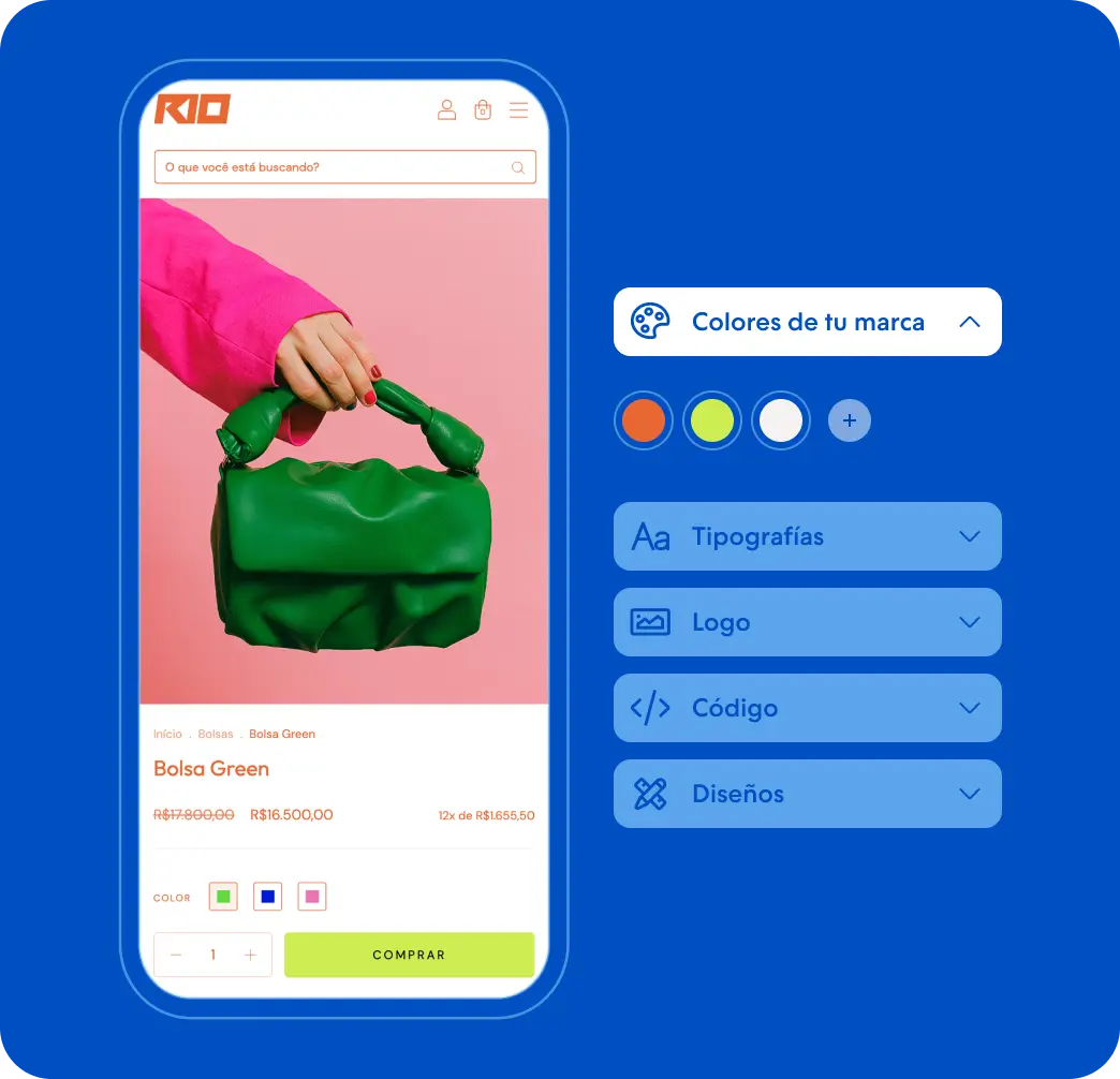 Pantalla de celular mostrando una bolsa verde sostenida por una mano sobre fondo rosado