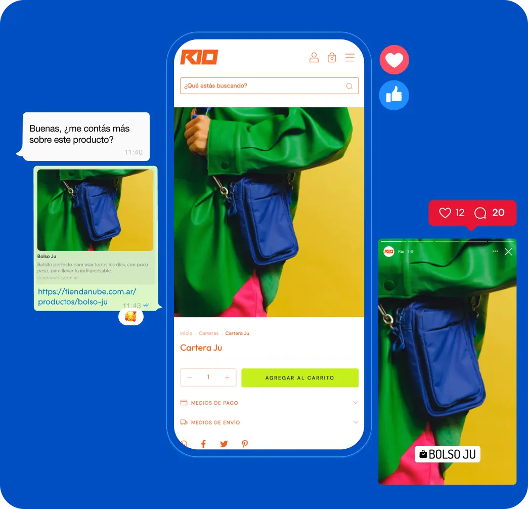 Vista de varias pantallas mostrando un bolso azul promocionado en redes sociales y una tienda en línea