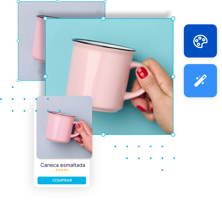 Colagem com imagem de caneca esmaltada rosa
