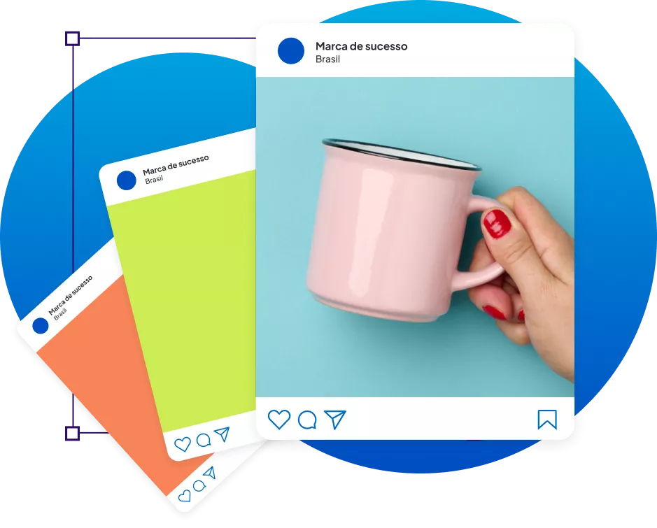 Colagem com caneca esmaltada rosa e outras duas telas com cor verde e laranja