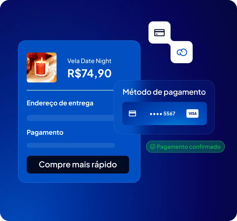 Simulação de checkout com pagamento confirmado e botão "Compre mais rápido"