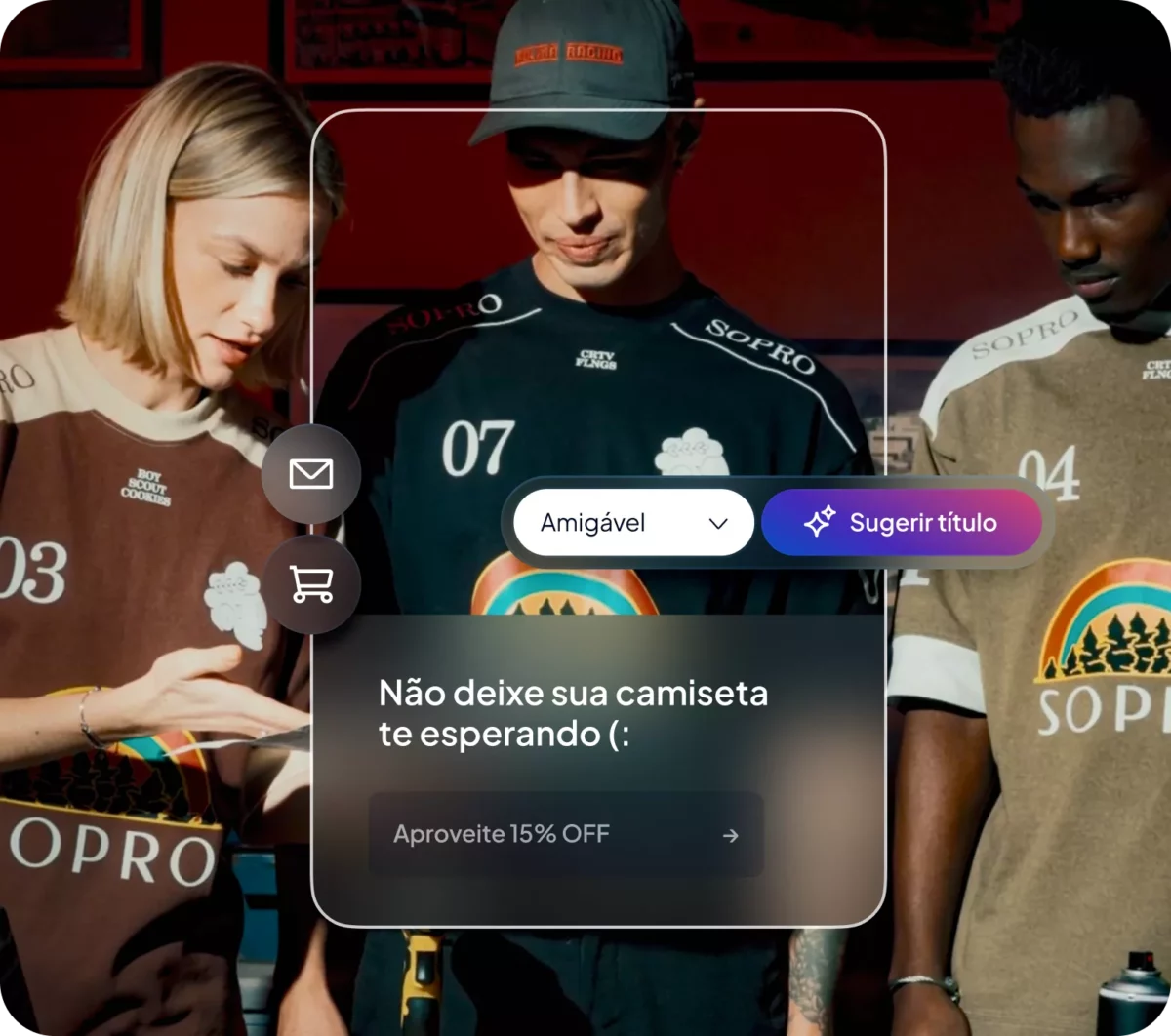Três pessoas usando camisetas da marca SOPRO com destaque para promoção de 15% OFF