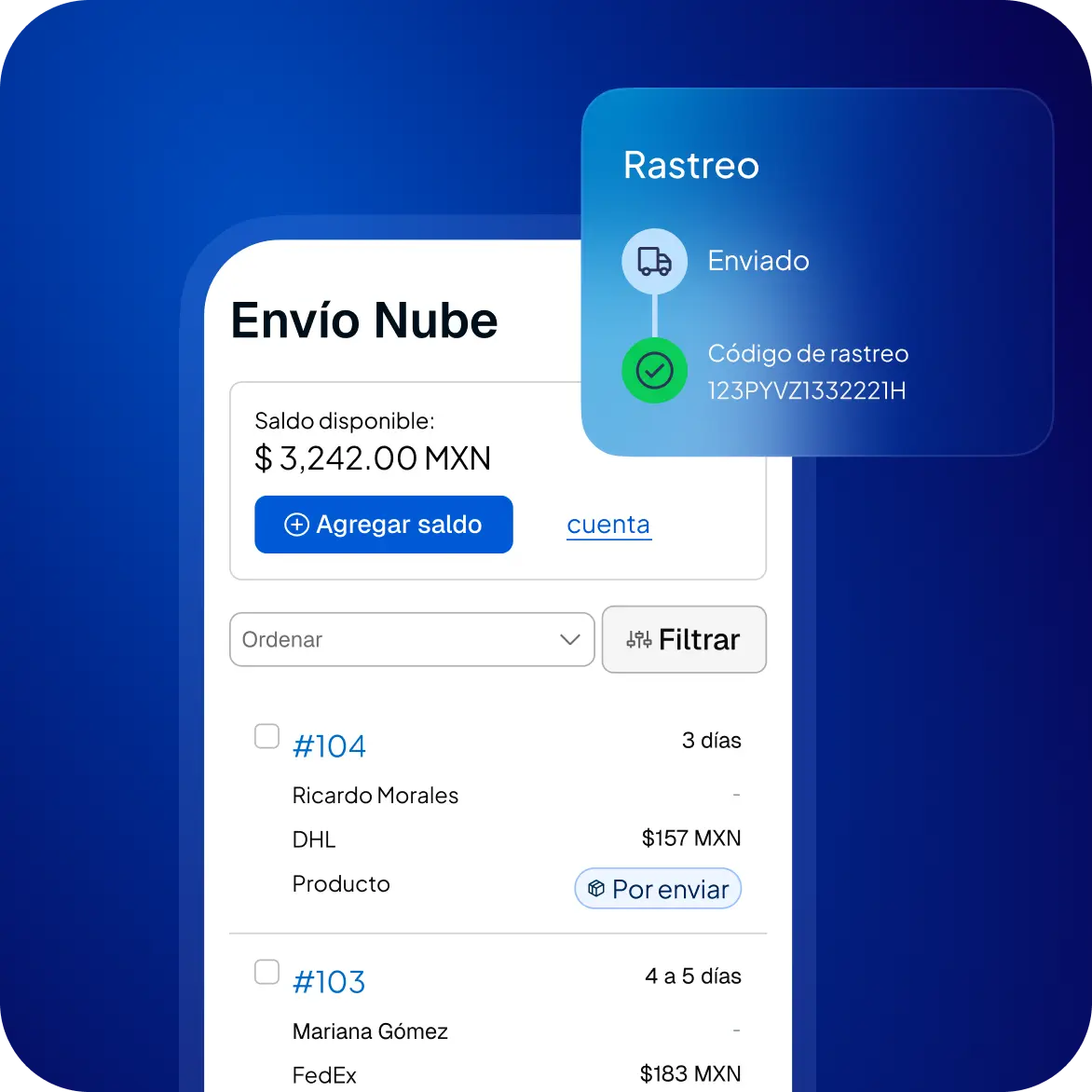 Pantalla de Envío Nube con saldo disponible y estado de rastreo de envío