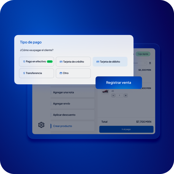 Pantalla de punto de venta con opciones de tipo de pago y botón Registrar venta