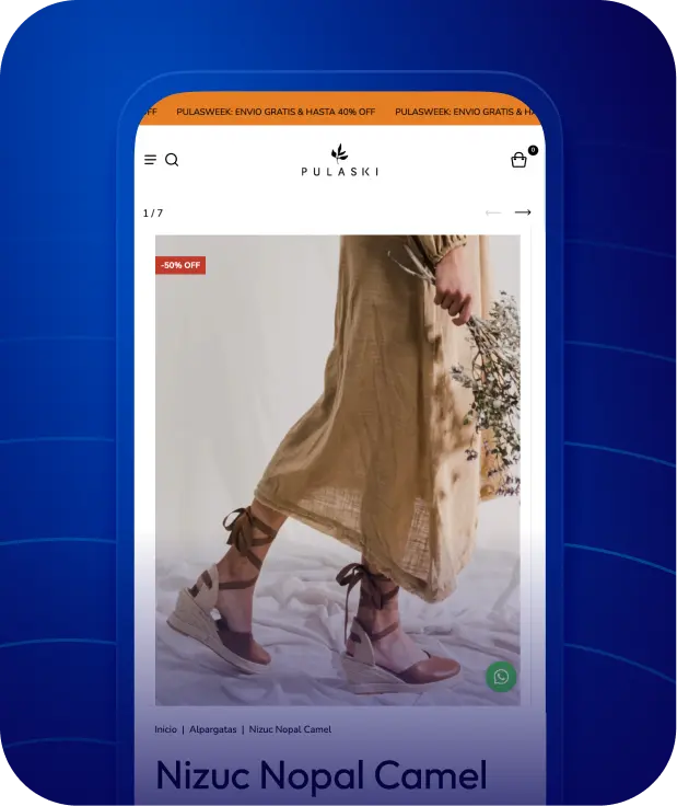 Pantalla de producto con alpargatas Nizuc Nopal Camel con 50% de descuento