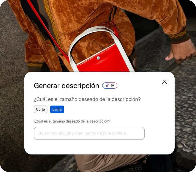 Pantalla de generación de descripción con opciones de longitud y vista previa del texto generado