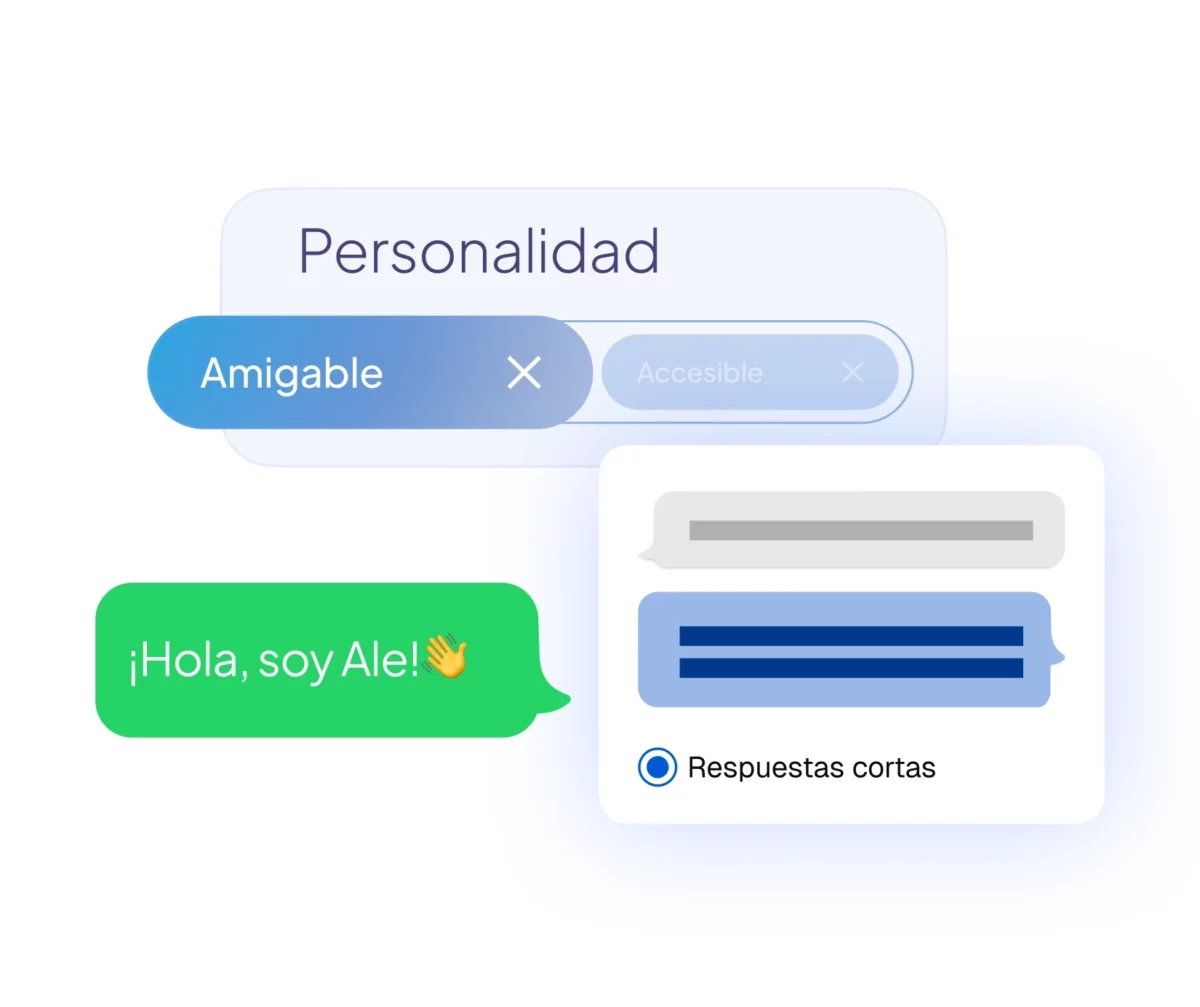 Interfaz de chat con personalidad seleccionada como "Amigable" y respuestas cortas