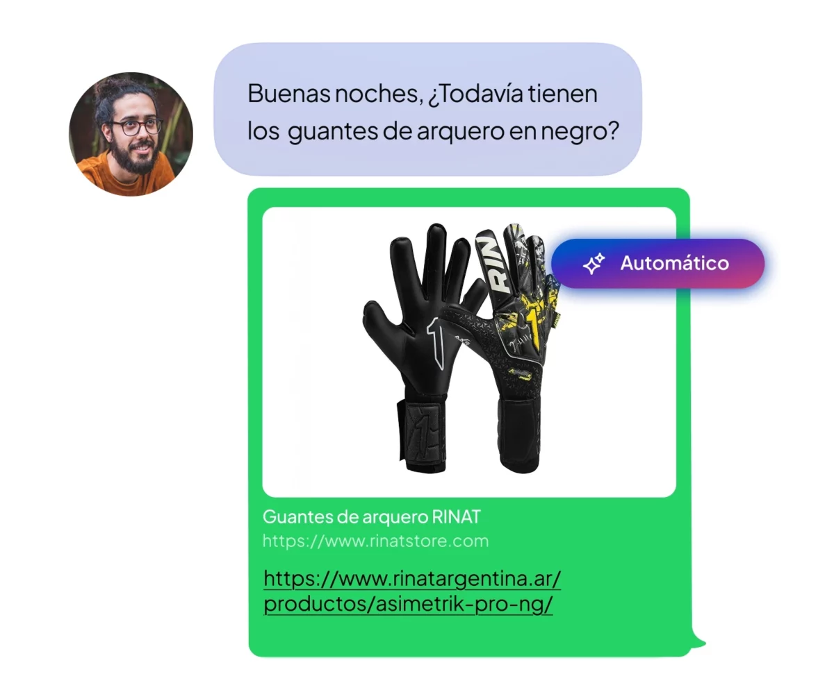 Respuesta automática mostrando guantes de arquero RINAT en negro con link a tienda
