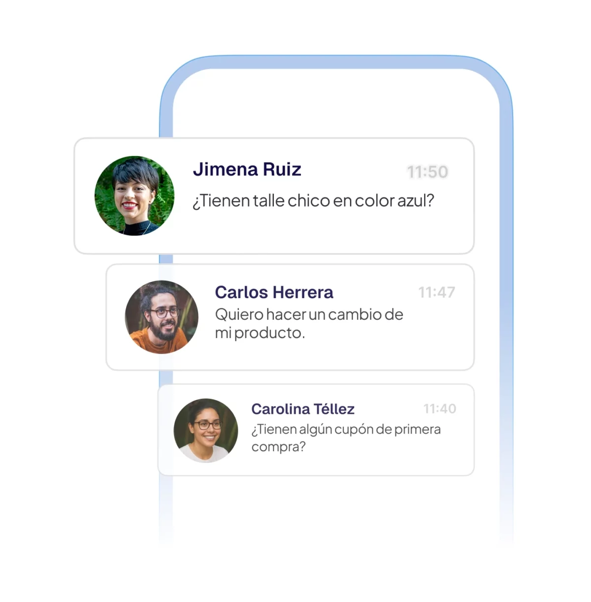 Vista de chats de clientes con preguntas sobre productos dentro de una app