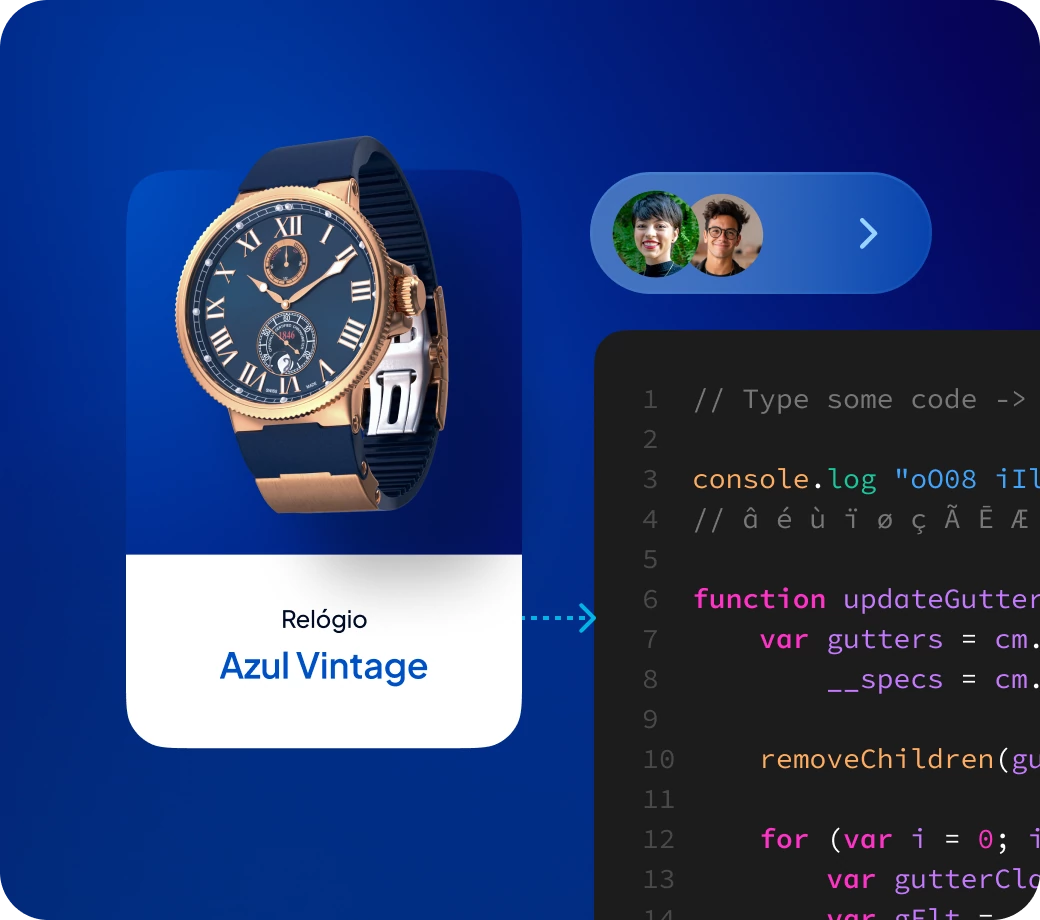 Mockup de produto com relógio Azul Vintage ao lado de código de programação