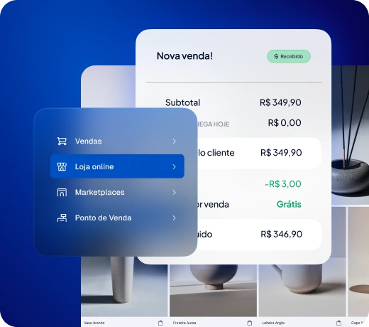 Menu de vendas com destaque para loja online e resumo de nova venda recebida
