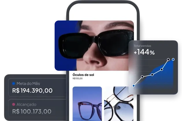 Mockup de loja online vendendo óculos com destaque para aumento de vendas