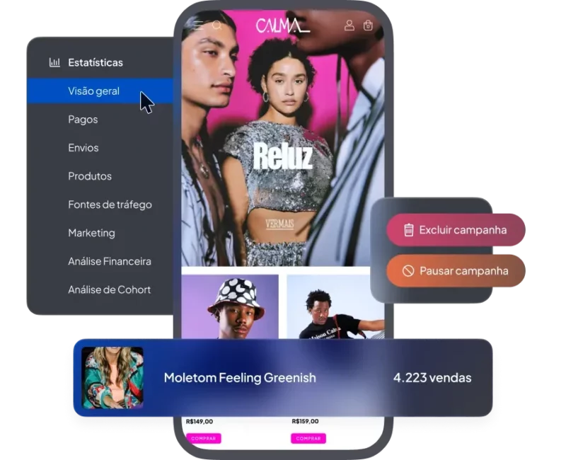Dashboard de estatísticas com campanha de moda em destaque e vendas de produto