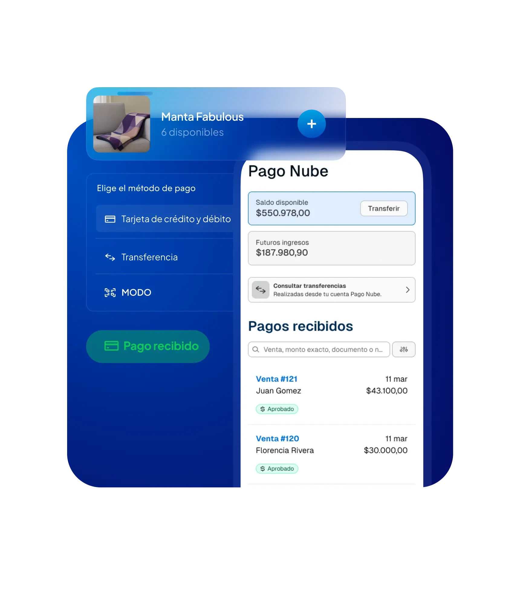 Pantalla de Pago Nube con resumen de saldos y pagos recibidos en la cuenta