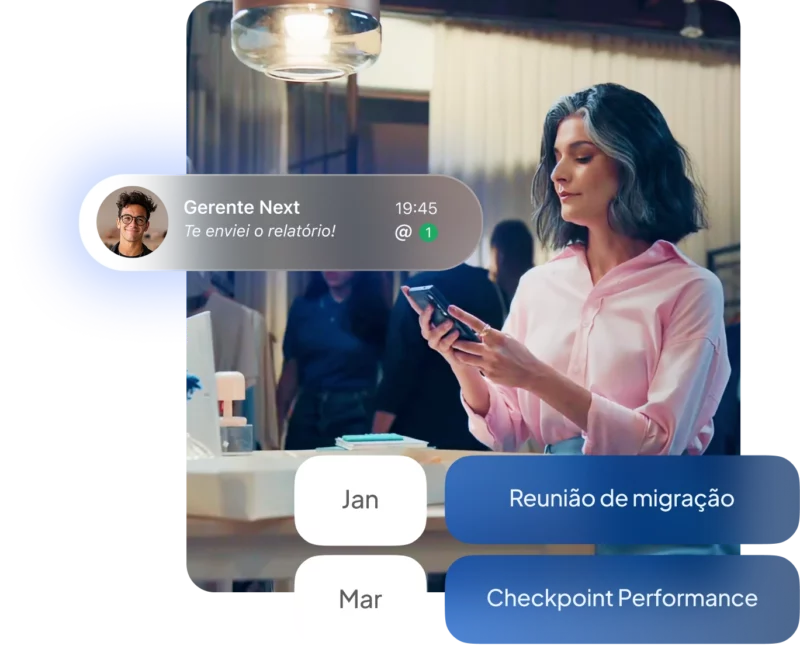 Pessoa verificando mensagem sobre relatório em ambiente de trabalho com agenda visível
