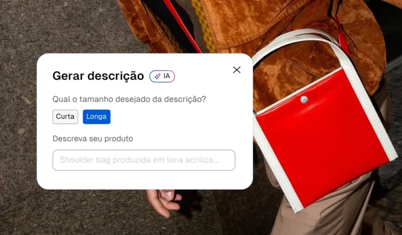 Janela de geração de descrição por IA com campo preenchido e opção "Longa" selecionada