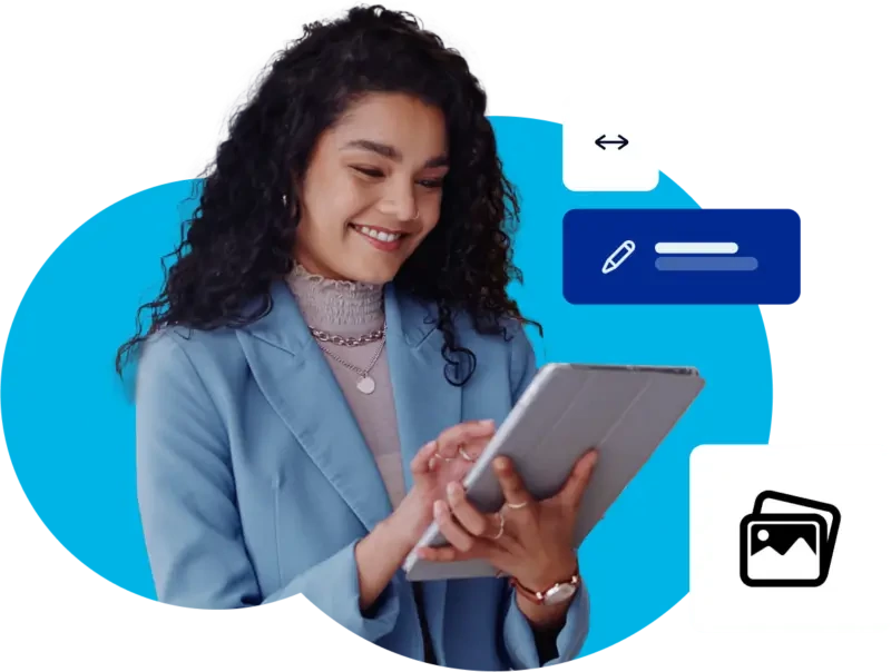 Pessoa sorrindo enquanto usa um tablet, com ícones de edição e imagem ao fundo