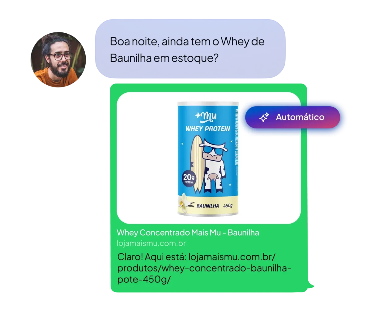 Atendimento automático com link para Whey de Baunilha da loja Mais Mu