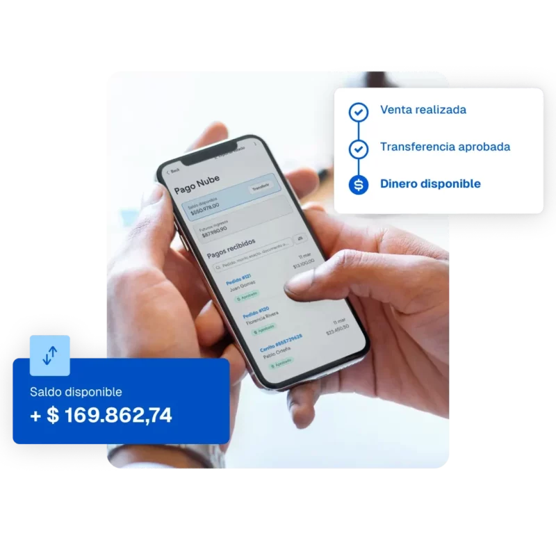 Pantalla de Pago Nube mostrando saldo disponible y pagos recibidos en app móvil