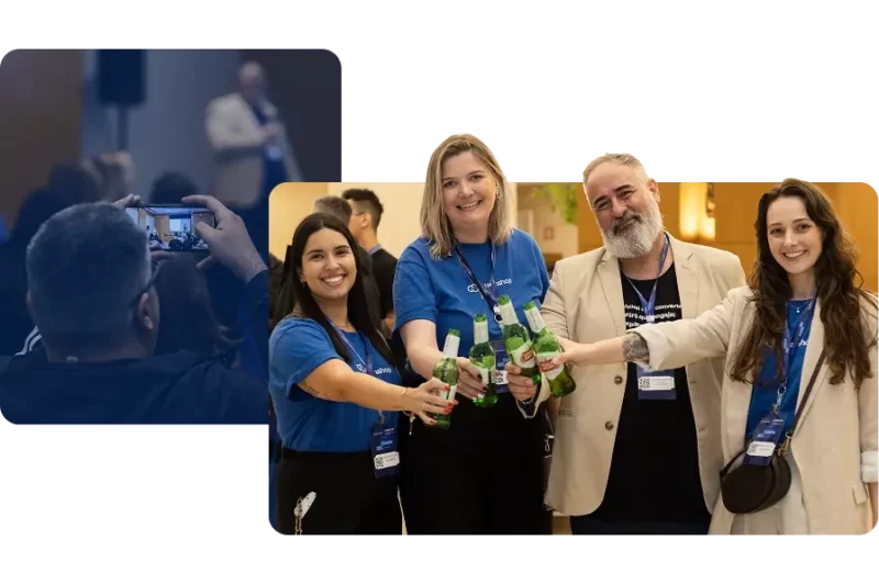 Pessoas brindando em evento da Nuvemshop com garrafas de cerveja