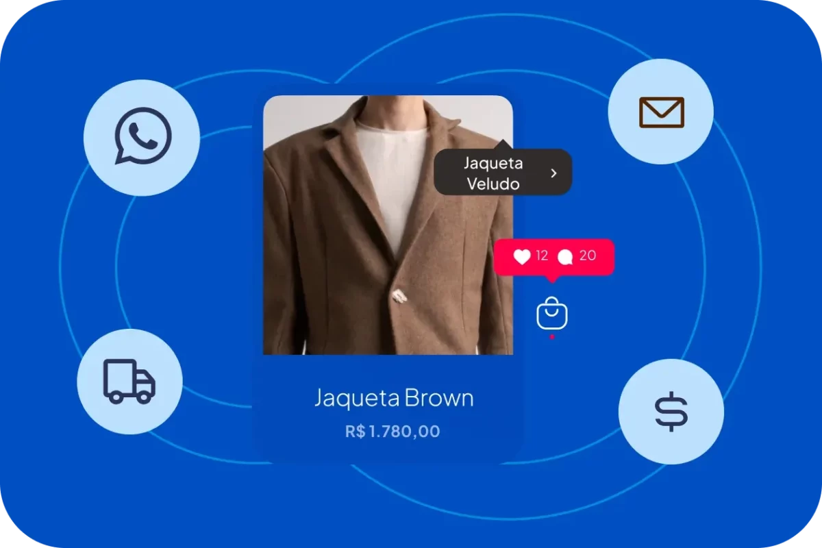 Produto Jaqueta Brown em destaque com preço e interações sociais