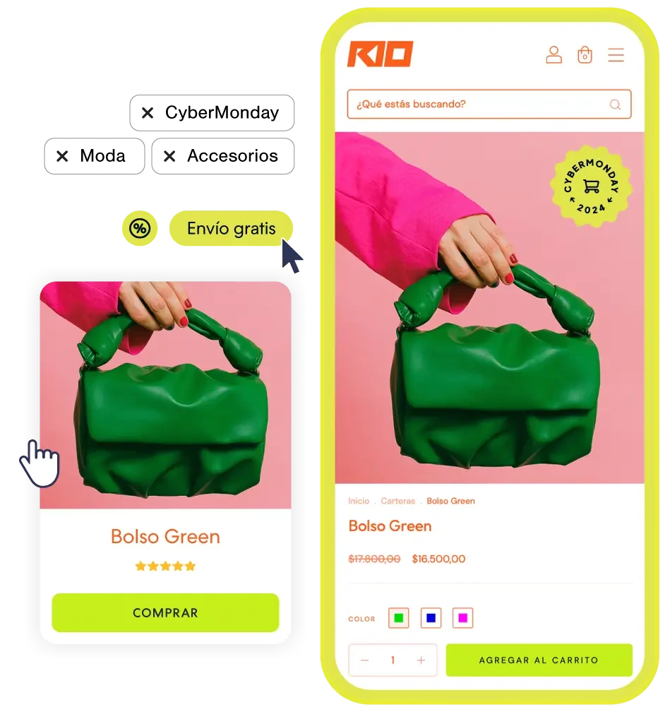 Imagem de bolsa verde sendo anunciada em loja da Nuvemshop