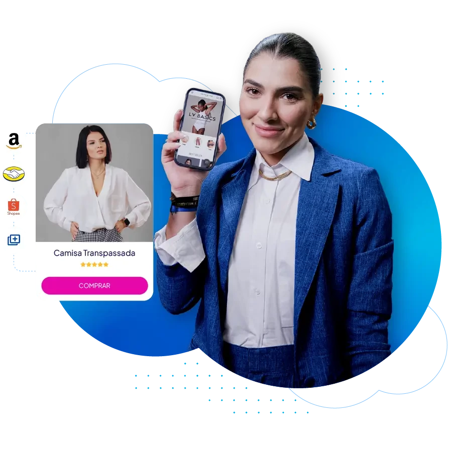 Imagem a Letícia Vaz segurando um celular mostrando integração Nuvemshop e marketplace