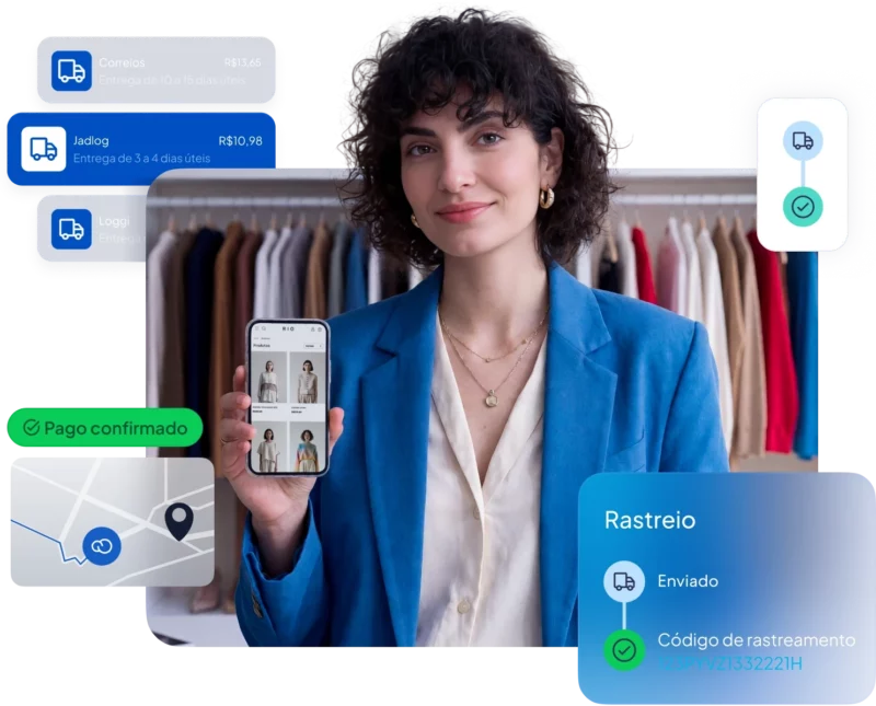 Colagem de imagens, ao centro imagem de homem branco de cabelo preto e em volta imagem de loja virtual