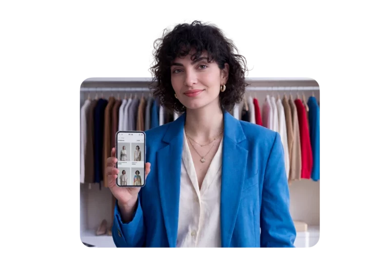 Imagem de um homem com um celular na mão e produtos, tênis e jaqueta, ao lado