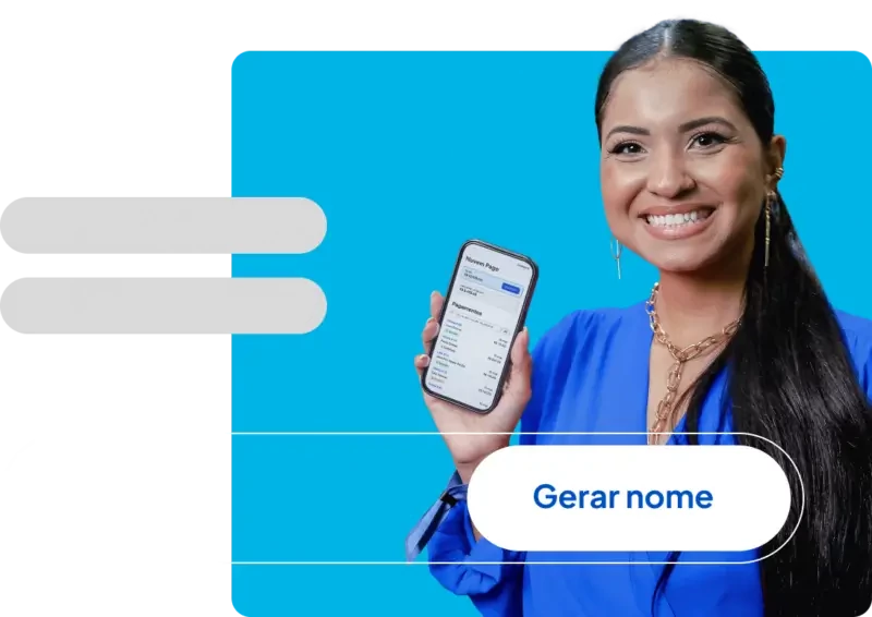 Imagem de mulher sorrindo com celular na mão e botão para acessar Gerador de nomes