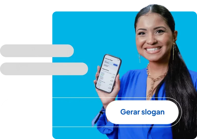 Imagem de mulher sorrindo com celular na mão e botão para acessar Gerador de slogan