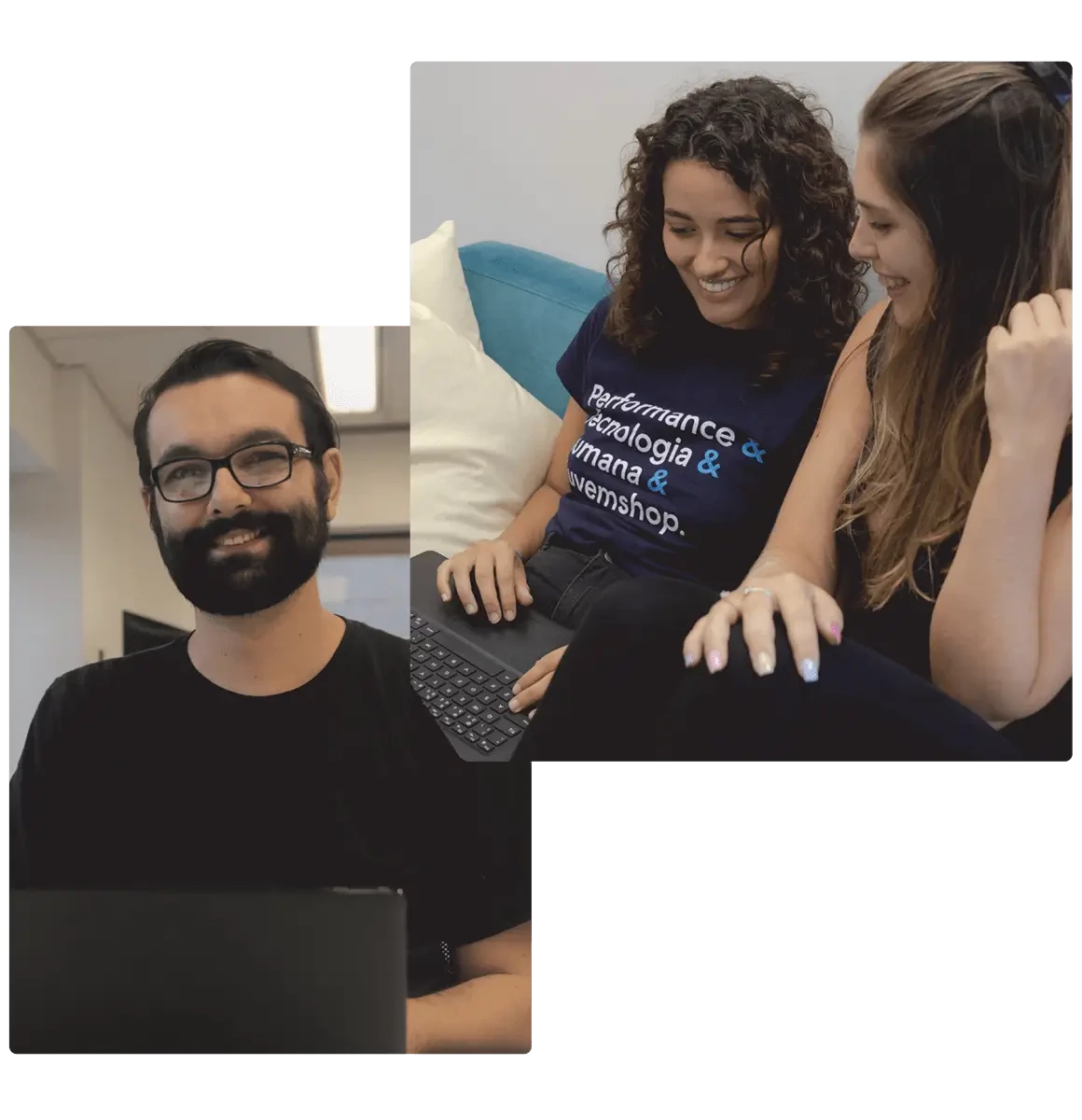imagem do grupo de atendimento ao cliente da Nuvemshop. Na foto, vemos um homem branco de barba e duas mulheres jovens sentadas e mexendo no computador.