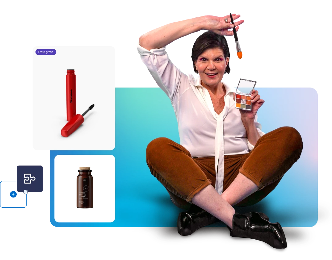 Mulher mostra pincel de maquiagem e paleta ao lado de ilustração de loja virtual de maquiagem para exemplificar que é possível vender produtos de beleza na Nuvemshop