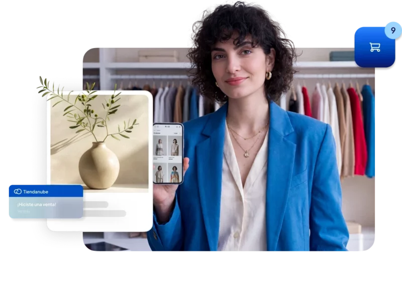 Colagem, ao centro imagem de homem branco de cabelo preto usando o notebook para acessar loja virtual