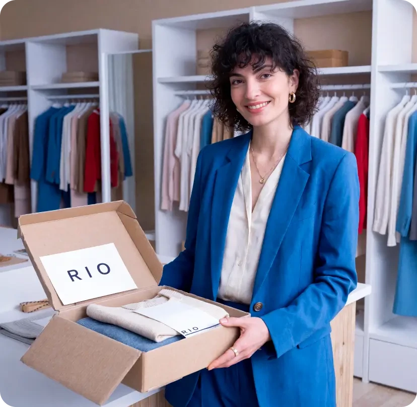 Mulher sorridente segurando caixa aberta da marca RIO com roupa dobrada, em loja de roupas
