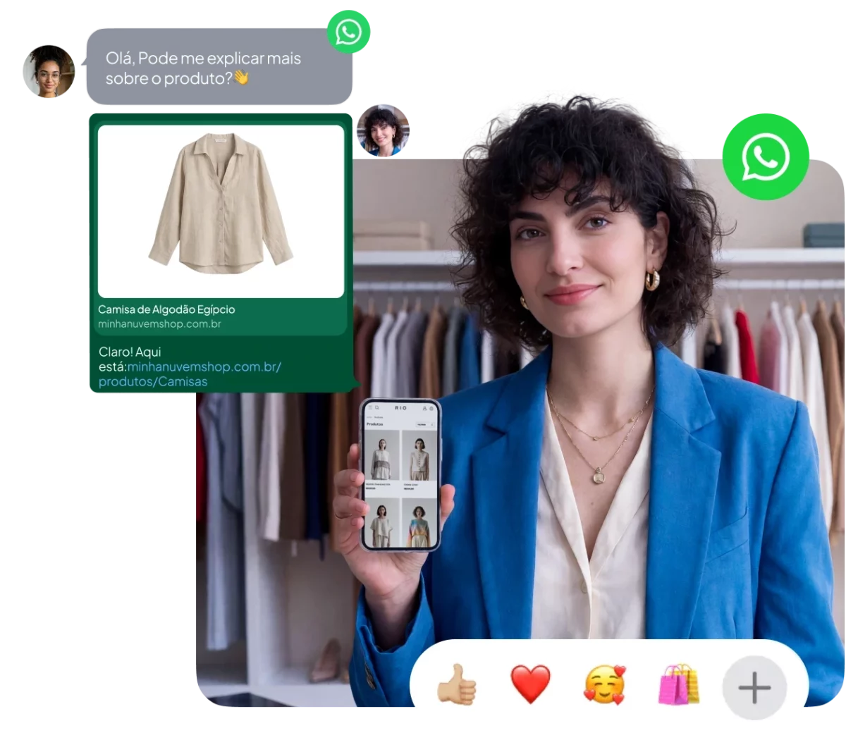 Colagem de um homem e uma mulher com dispositivos em maos, cercados de itens que representam atendimento via WhatsApp