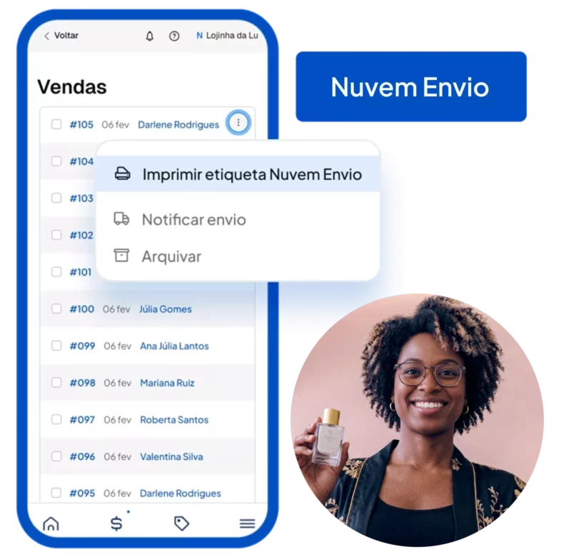 Tela de vendas com opções de envio pelo Nuvem Envio