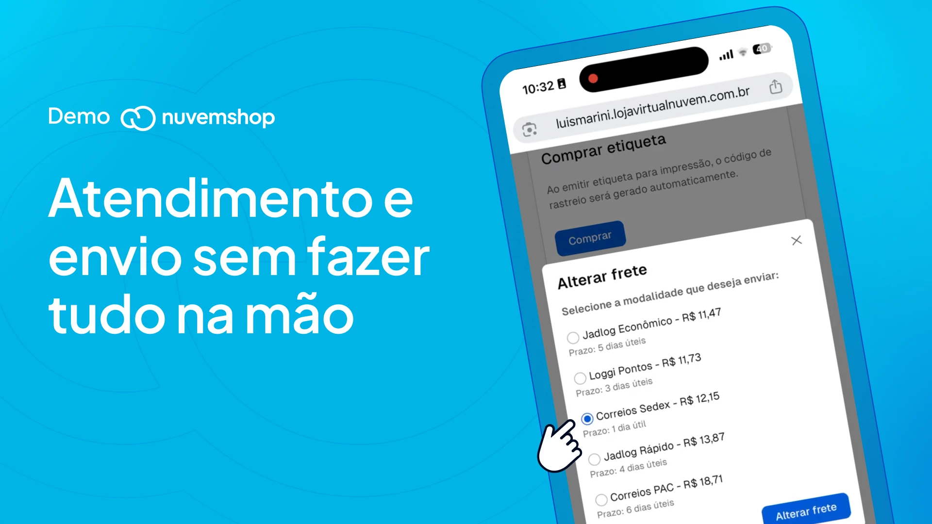 Capa para o vídeo demonstrativo da Nuvemshop sobre como atender clientes no WhatsApp automaticamente e despachar pedido em um só lugar.