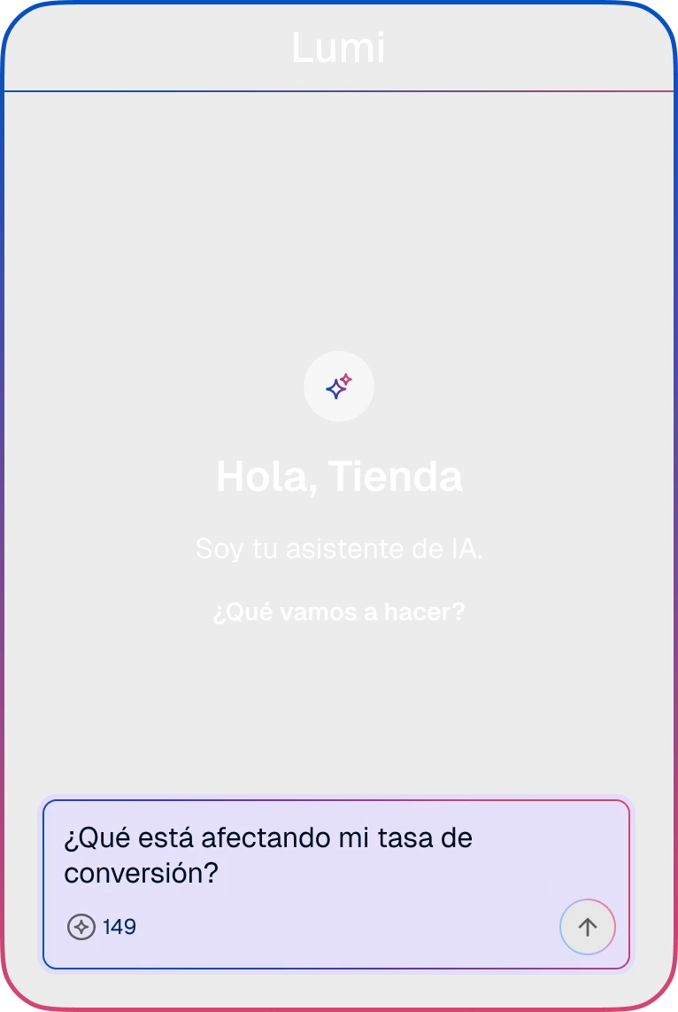 Pantalla de bienvenida de asistente IA, mensaje preguntando sobre tasa de conversión.