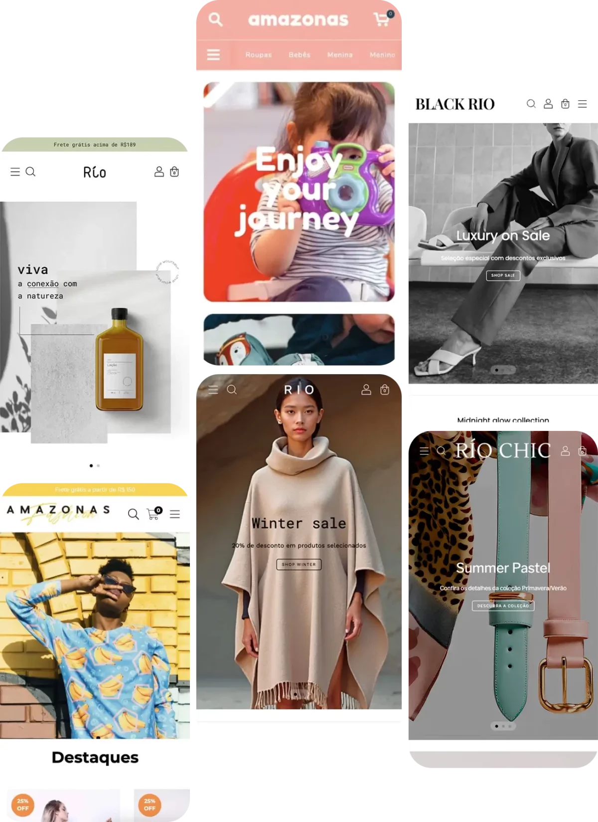 Mockups de layouts de loja virtual com promoções e destaques de venda.