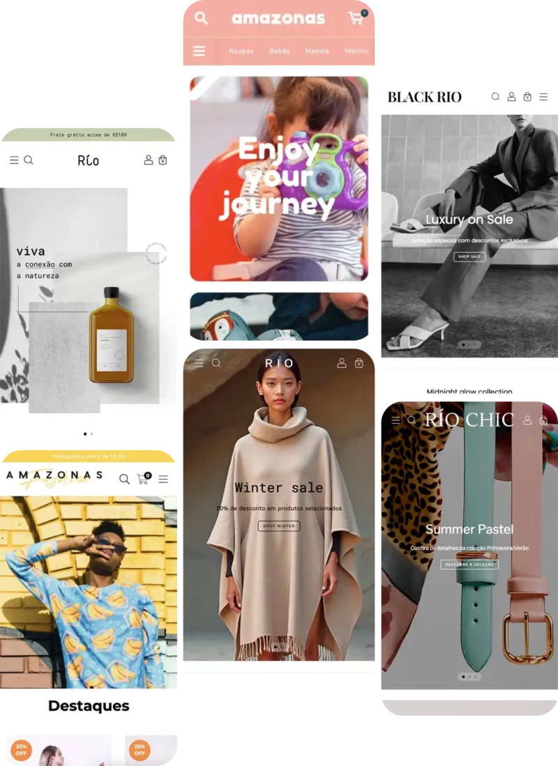 Mockups de layouts de loja virtual com promoções e destaques de venda.