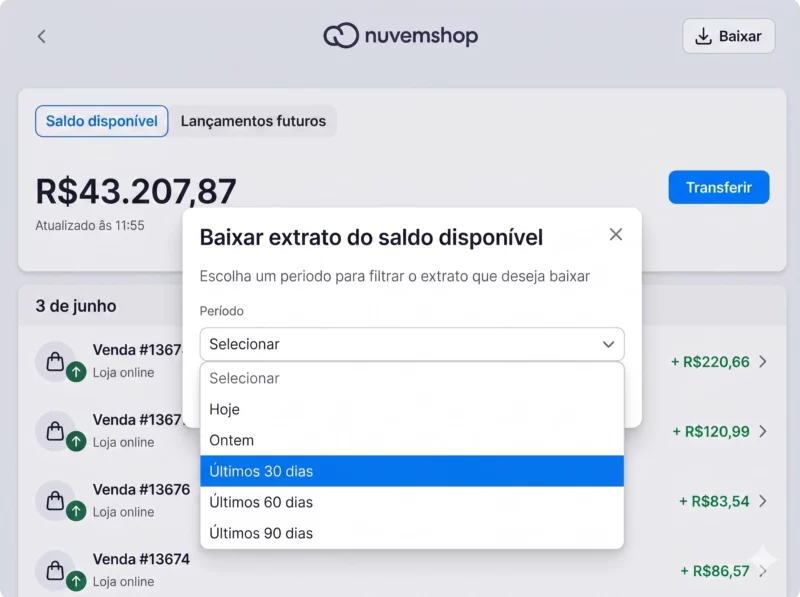 Extrato de saldo disponível na Nuvemshop com opções de período.