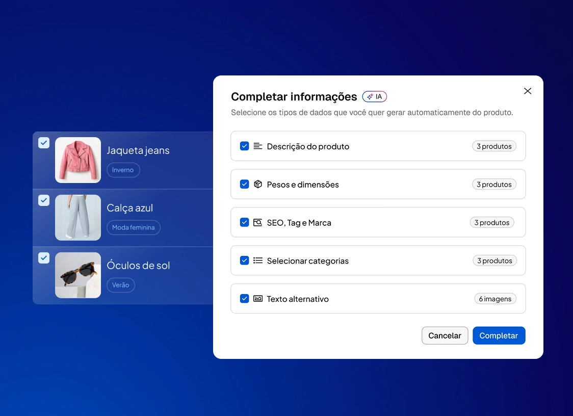Tela de seleção automática de dados para produtos.