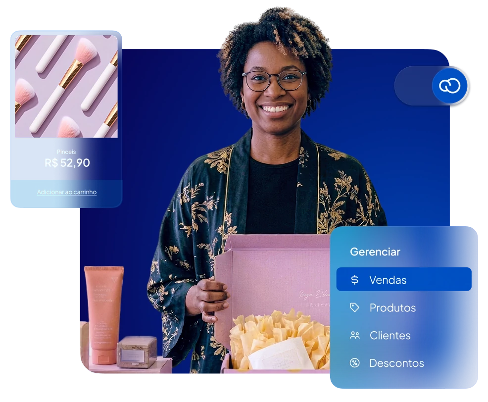 Mulher sorrindo e segurando um smartphone, representando as vantagens de um e-commerce responsivo.